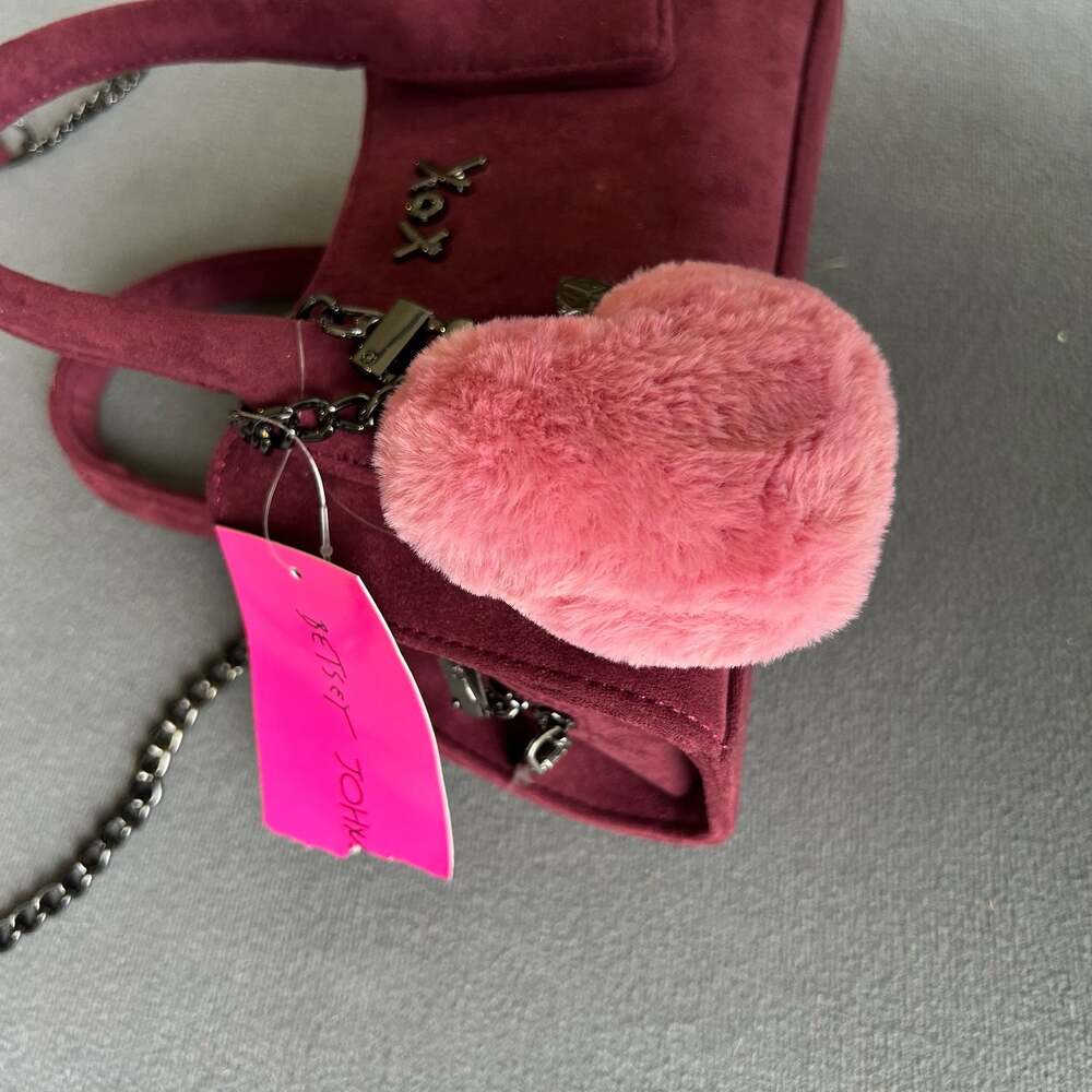 Betsey Johnson XOXO Faux Suede Mini Satchel with Heart Pom Charm - Picture 6 of 8